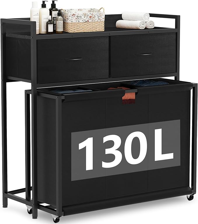 Sonharlar Laundry Hamper with 3 Section Rolling Bags, Laundry Sorter with Wheels, Laundry Basket with 2 Drawer for Laundry Room (Charcoal Black)