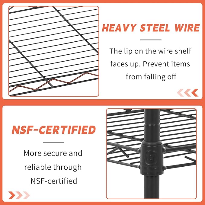 Wire Shelves 5-Tier Metal Storage Shelves 47.6" H x 21.5" x 11.6" Adjustable Wire Rack Shelf NSF Shelving Unit for Kitchen Storage Pantry Laundry, 750LB Capacity, Black