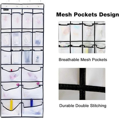 2 Pack Extra Large Hanging Over Door Shoe Organizers, 12 Mesh Pockets + 6 Large Mesh Storage Various Compartments with 8 Hooks Shoes Holder for Closet Bedroom, White (59 x 21.6 inch)