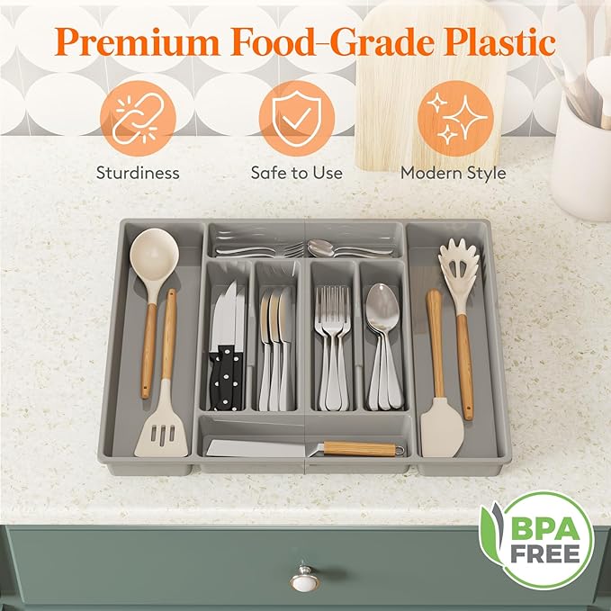 Lifewit Silverware Organizer, Plastic Kitchen Utensil Drawer Tray, Cutlery Flatware Storage Holder for Spoons Forks Knives, 20 x 16"/ 52 x 42cm, 8 Compartment, Gray