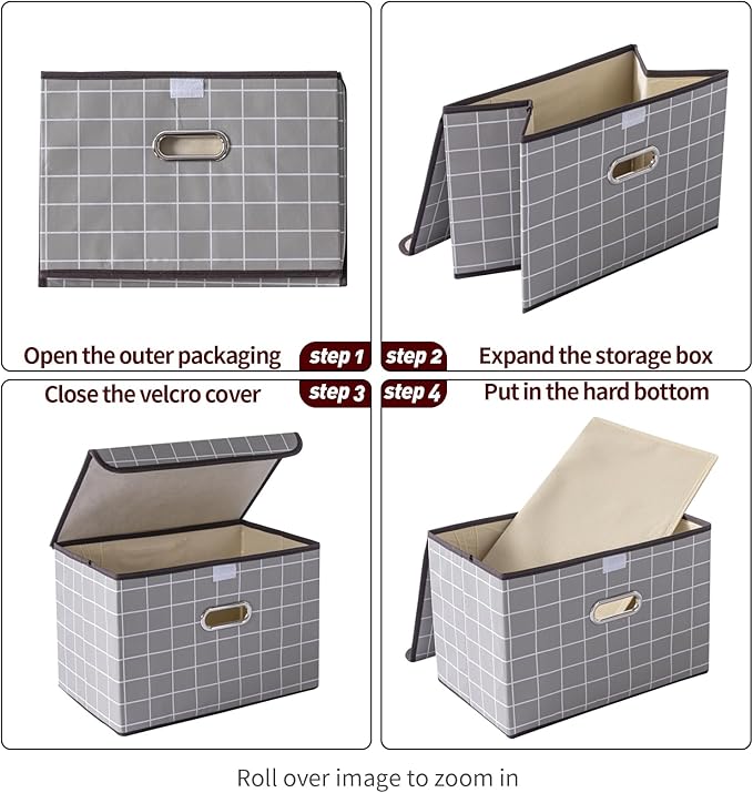 STOREONE Fabric Storage Cube Bins Foldable Organizer Container Collapsible Basket with Lids and Metal Handles, for Home, Bedroom, Closet 3 Pcs (Grey grid)
