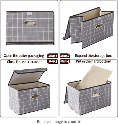 STOREONE Fabric Storage Cube Bins Foldable Organizer Container Collapsible Basket with Lids and Metal Handles, for Home, Bedroom, Closet 3 Pcs (Grey grid)
