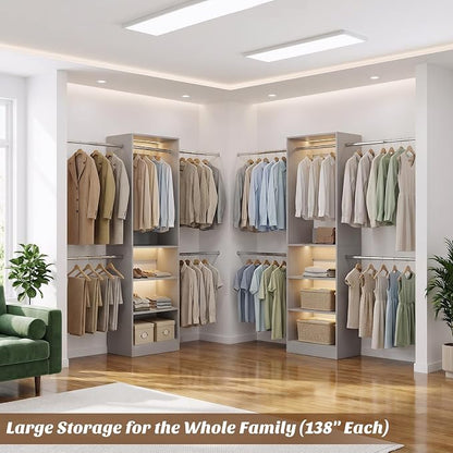 12FT Large Open Closet System, 138'' Wall-Mounted Closet Shelving with 5 Hanging Rods and 6 Shelves, Customizable Wardrobe for Walk-In Closets, Fits 5–12FT Spaces, Grey