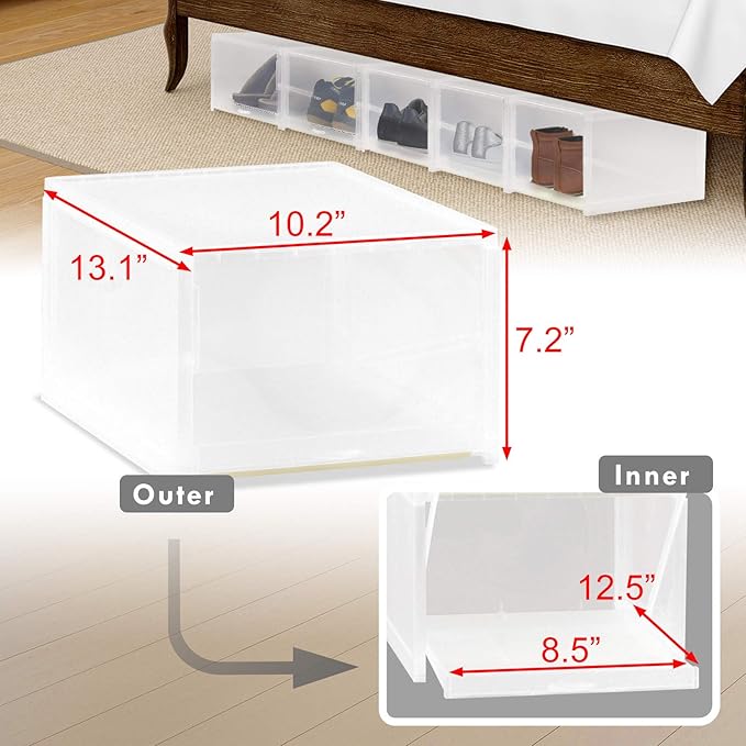 AJP Distributors 6-Pack Push-Pull Drawer Type Stackable Shoe Storage Container Box Organizer with 120° Lids for Home Closet & Entryway Sneakers Shoes Cabinet Bins Transparent Plastic Boxes Set (Clear)