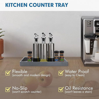 Bloss Silicone Tray Set for Bathroom/Kitchen Counter - 11.8x5.1 inch Bathroom Soap Dispenser Tray and Soap Holder, Silicone Vanity Trays Countertop Organizer for Scrubber, Perfume, Jewelry, Candle