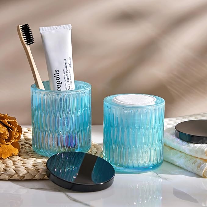 Qtip Holder for Bathroom set of 2, Clear Glass Apothecary Jars with Lids, Bathroom Canisters for Cotton Balls,Swabs,Floss Picks,Hair Ties,Vanity Organizer and Storage,Vintage Decor (Blue)