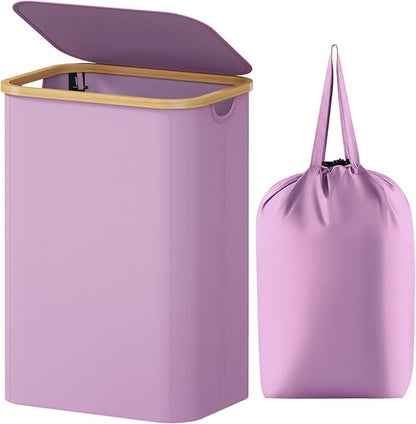 Lifewit 80L Laundry Basket with Lid, Clothes Hampers for Laundry with Bamboo Handles and 1 Removable Bag, Large Foldable Laundry Hamper for Bedroom, Bathroom, Dorm, Laundry Room, Purple
