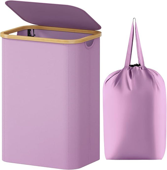 Lifewit 80L Laundry Basket with Lid, Clothes Hampers for Laundry with Bamboo Handles and 1 Removable Bag, Large Foldable Laundry Hamper for Bedroom, Bathroom, Dorm, Laundry Room, Purple