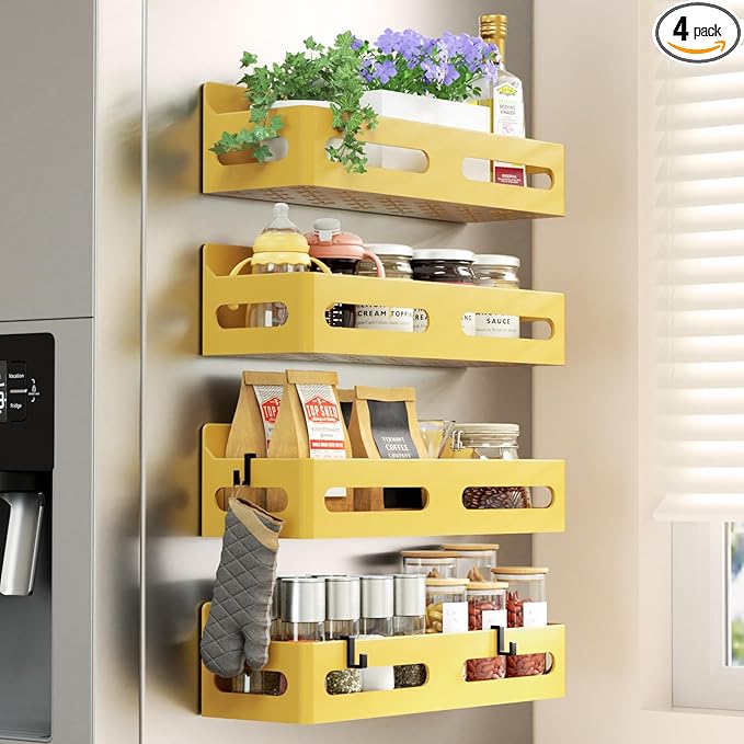 Sevenblue 4 Pack Strong Magnetic Spice Rack for Refrigerator, Multipurpose Magnetic Shelf for Fridge with 4 Hooks for kitchen and Bathroom Organization, Yellow