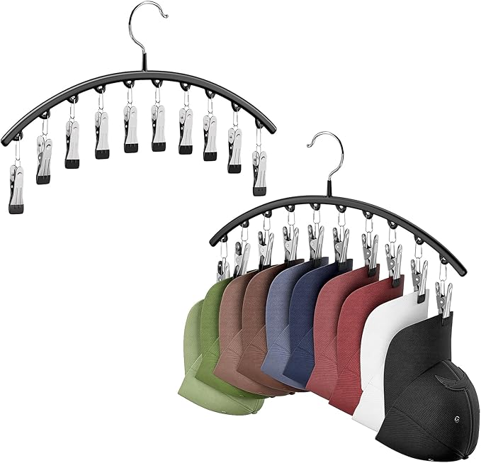Hat Hangers for Closet, Metal 1 Pack Hat Organizer Holder for Hanger Closet Display, Hat Racks for Baseball Caps w/10 Clips, Hat Holder for Ball Caps & Accessories, for Men Women, Black