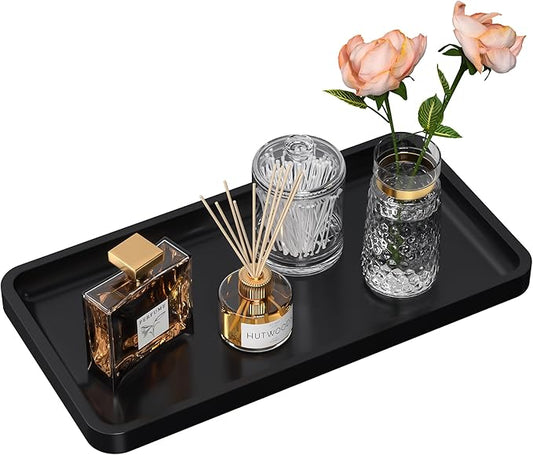 Bathroom Vanity Tray for Countertop - Bamboo Organizer Tray for Dresser Tops, Toilet, Perfume Small Decorative Tray Wood Tray for Home Decoration 11.81” L x 6.1” W x 0.79” H Black