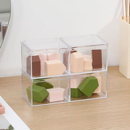 2 Pack Bathroom Container with Divider, Plastic Vanity Storage Canister Jars with Lid for Cotton Balls, Makeup Pads, Cosmetics Sponges, Floss Picks, Clear Desk Drawer Organizer Box