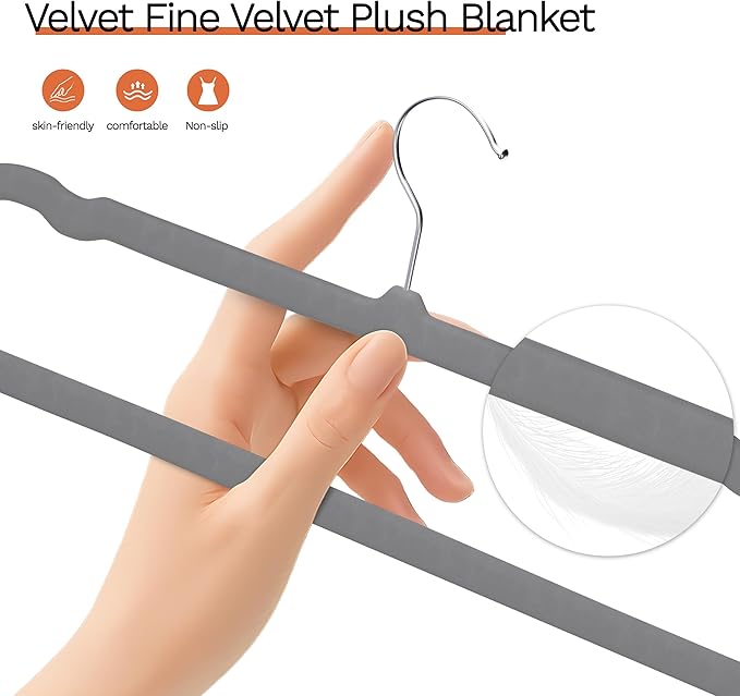 Gray Velvet Hangers 60 Pack, Slim Space Saving Pants Hangers for Closet Organizer, Rotating Hook, Non Slip Clothes Felt Hanger Heavy Duty for Tank Top, Jean Perchas, Camisole, Kids' Clothes