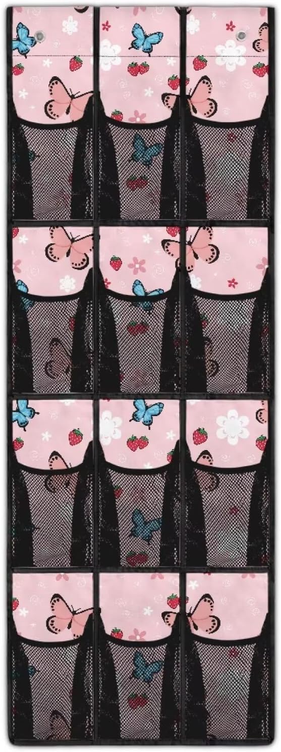 Pink Over The Door Closet Organizer 12 Pockets Shoe Organizer Door Hanger Space Saving Butterfly Wall Hanging Storage for Living Room Easy to Install Shoe Holder Hanger
