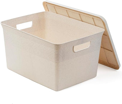 BINO | Plastic Storage Bins with Lids, 22 Liter - 3 Pack, Natural | THE BRAIDED COLLECTION | Plastic Bins for Organization Woven Storage Baskets for Organizing Pantry Shelf Organizer Basket Bin