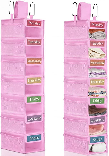 2 Pack 7 Shelf Weekly Clothes Organizer Hanging Closet for Kids with Side Pockets Weekday Shoes Rack Weekly Clothes Organizers Monday Through Weekend Foldable Storage Shelves(Pink)