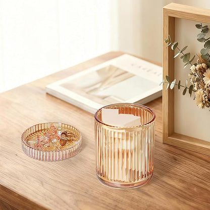 SheeChung Glass Qtip Holder Dispenser, 4-Pack Glass Apothecary Jars - Vintage Sunburst Bathroom Organizer Set - Cotton Swab Ball Pad Storage - Bathroom Accessories Decor（Amber）