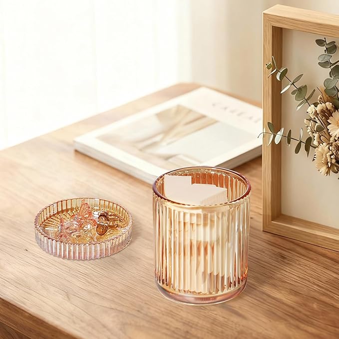 SheeChung Glass Qtip Holder Dispenser, 2-Pack Apothecary Jars- Vintage Sunburst Bathroom Organizer & Storage Set -Vanity Canister for Cotton Swabs, Balls, Pads - Luxury Modern Farmhouse Decor (Amber)