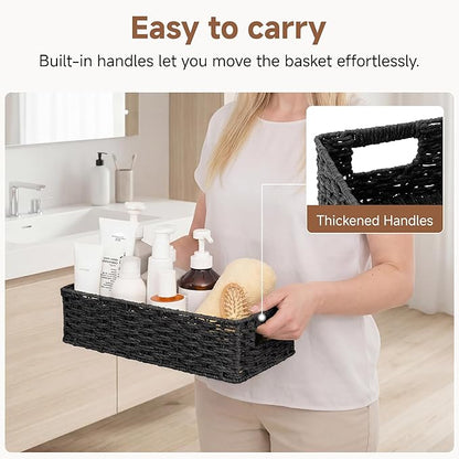 StorageWorks Small Wicker Toilet Basket Tank Topper with Built-in Handles, Toilet Paper Baskets for Back of Tank, Paper Rope Bathroom Basket Organizer and Storage for Rustic Bathroom Decor, Black