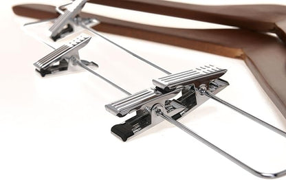 Quality Wooden Skirt Hangers with Clips Smooth Solid Wood Pants Hangers with Durable Adjustable Metal Clips, Swivel Hook, Coat, Jacket, Blouse Suit Hangers (Walnut - Chrome Hook, 20)