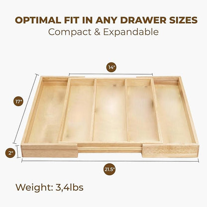 Utensil Drawer Organizer, 5 Compartment Expandable Rubberwood Silverware Tray, Cutlery Drawer Organizer for Kitchen Organization, Wooden Holder for Adjustable Storage