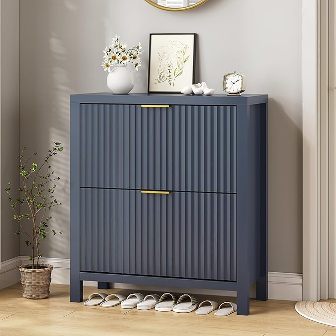 YOMILUVE Shoe Cabinet Storage for Entryway, Fluted Shoe Cabinet with 2 Flip Drawers, Hidden Shoe Rack Tall Freestanding Shoe Organizer with Legs for Hallway, Blue
