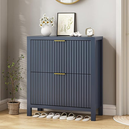 YOMILUVE Shoe Cabinet Storage for Entryway, Fluted Shoe Cabinet with 2 Flip Drawers, Hidden Shoe Rack Tall Freestanding Shoe Organizer with Legs for Hallway, Blue