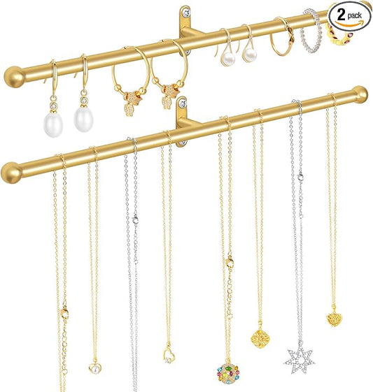 2 Pack Necklace Holder Wall Mounted 12.7'' Necklace Organizer Gold Wall Hanging Jewelry Organizer for Necklaces, Bracelets Rings Display