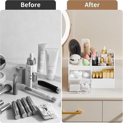 Makeup Organizer with 2 Drawers, Makeup Organizers Countertop for Vanity and Bathroom, Make up organization and Skincare Storage with Brush Holder, for Dresser, Desktop, Cosmetic Display Case (White)