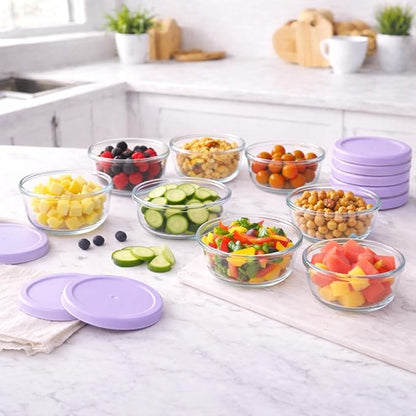 16-Piece Glass Food Storage Containers Set (8 Containers + 8 BPA-Free Lids) | 1-Cup, Leakproof | Microwave, Freezer, Oven & Dishwasher Safe | Ideal for Meal Prep & Pantry Organization, Purple