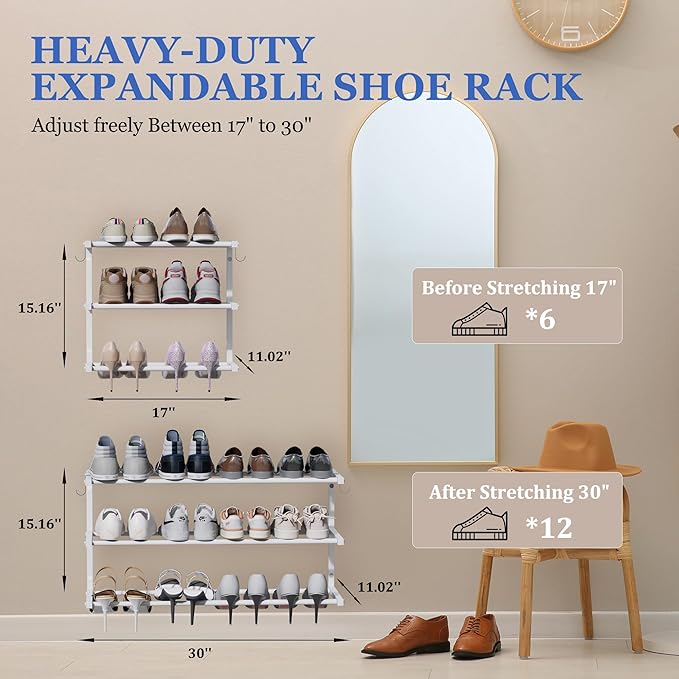 Wall Mounted Shoe Rack, 3 Tier Hanging Shoe Rack Holds 12 Pairs, 17"-30" Adjustable Heavy Duty Metal Shoe Organizer Holder with 2 Storage Hooks, Space Saving for Closet Entryway Doorway（White