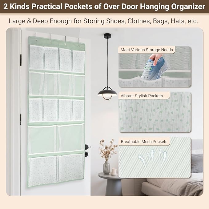 16 Pockets- Over Door Hanging Storage Organizer with 4 Kinds Pouch,Behind Closet Hanging Shelf Holder for Sock,Hat,Underwear,Travel Outfit,Shoes,Back of Door Space-saving Organization for Home,Dorm,RV
