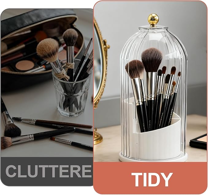 MDEOOSKY Makeup Brush Holder, 360-Degree Rotating Makeup Brush Organizer, Transparent Dust-Proof Makeup Brush Holder, Suitable for Bathroom Countertops and Vanity Tables