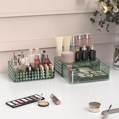 Makeup Organizer for Vanity, Stackable Cosmetics Organizer and Storage, Cosmetic Display Cases with 1 Drawers and 1 Tray for Makeup Brush, Hair Accessories, Lipstick and Jewelry, Green