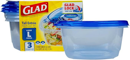 Glad GladWare Tall Entree Food Storage Containers with Lids, Large Square BPA Free Plastic for Meal Prep and Lunches, Lock Tight Seal, Microwave and Dishwasher Safe, 42 Oz, 3 Count
