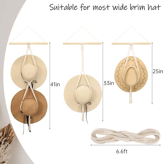 ZYP Macrame Hat Hanger Boho Hat Rack for Wall Hat Holder Display Organizer Bobo Hanging Hat Organizer Storage for Wide Brim Hats