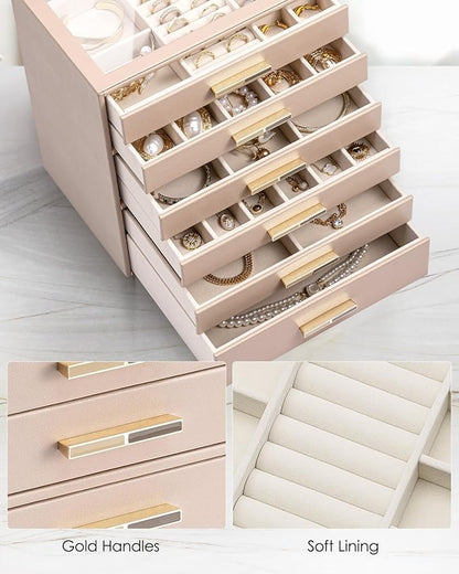 VLANDO 6 Layer Jewelry Box for Women, Glass Lid Jewelry Organizer with 6 Drawers for Necklaces Rings Earrings Bracelets - Toffee