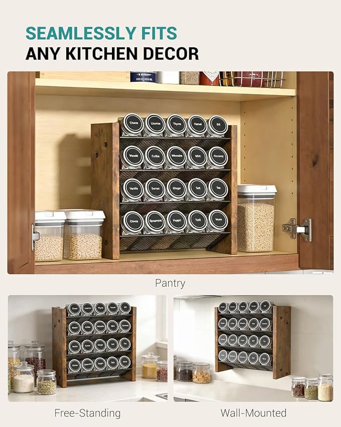 NESAPTO Spice Rack Organizer for Cabinet, Wood 4-Tier Vertical Seasoning Organizer, Wall Mount or Countertop Spice Shelf, Holds 20 Jars (No Jars Included), 10.3" W x 9.4" H