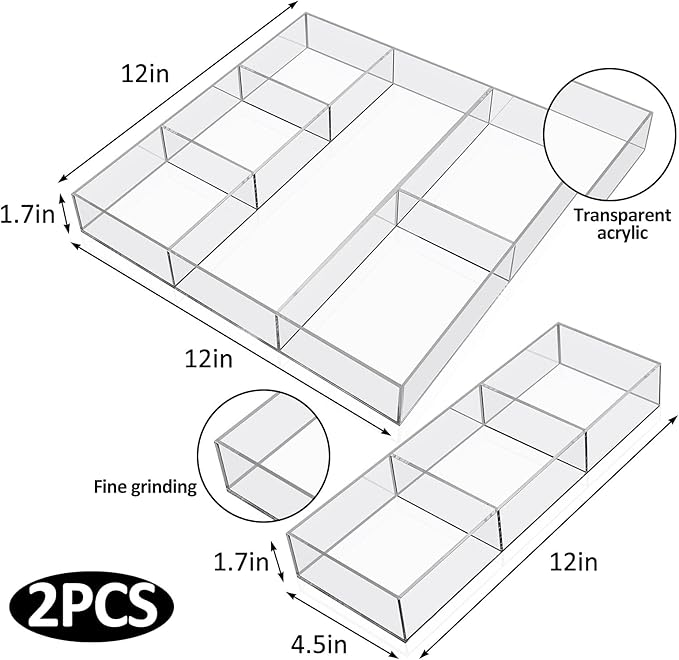 Chunful 2 Pieces Makeup Drawer Organizer 6 Section Clear Desk Organizer with Dividers 3 Section Acrylic Makeup Tray Divided Drawer Inserts Sectioned Tray Storage