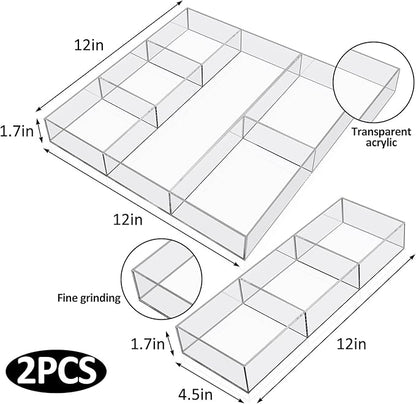 Chunful 2 Pieces Makeup Drawer Organizer 6 Section Clear Desk Organizer with Dividers 3 Section Acrylic Makeup Tray Divided Drawer Inserts Sectioned Tray Storage