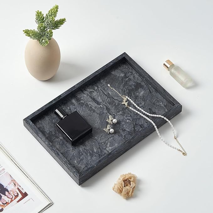 Large Marble Vanity Tray, Luxury Stone Organizer for Bathroom & Kitchen Counter | Holds Soap Dispenser, Jewelry, Perfume Bottles | Non-Resin, Non-Ceramic Décor