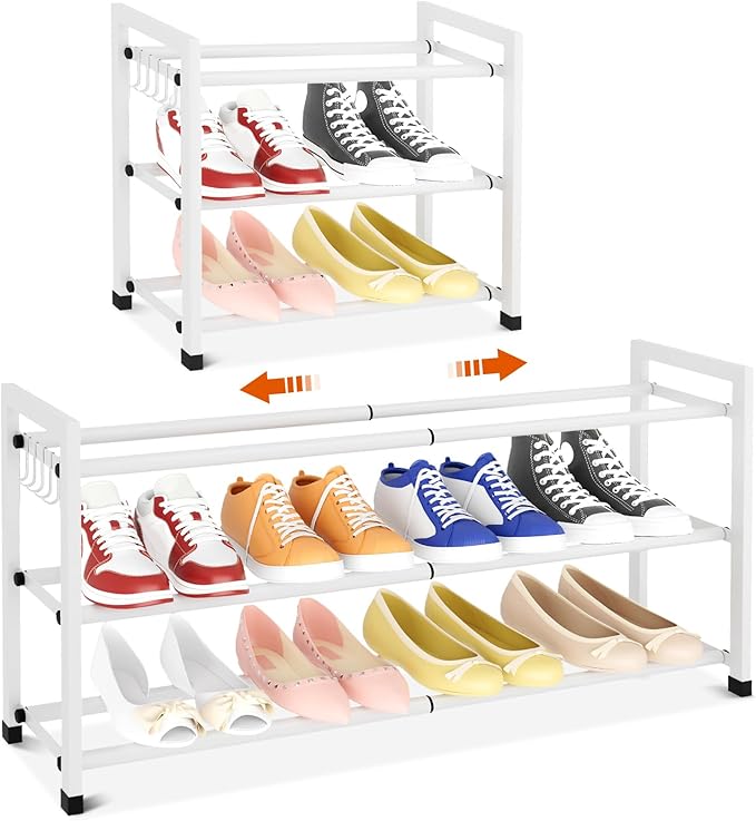 Expandable Shoe Rack for Closet Adjustable Metal Shoe Rack for Entryway 18.5"-33" Free Standing Shoe Organizer 12 Pairs with Hooks 3-Tier Small Shoe Shelf for Bedroom Garage Dorm Floor, White