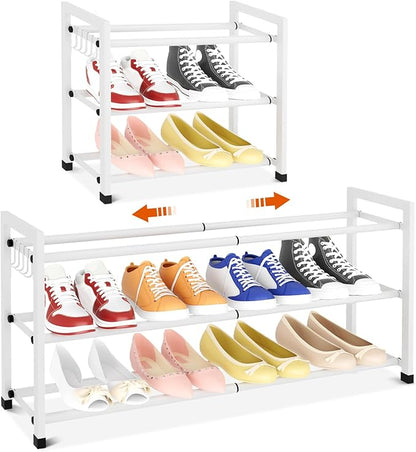 Expandable Shoe Rack for Closet Adjustable Metal Shoe Rack for Entryway 18.5"-33" Free Standing Shoe Organizer 12 Pairs with Hooks 3-Tier Small Shoe Shelf for Bedroom Garage Dorm Floor, White