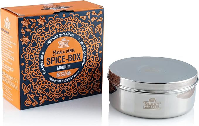 Indian-Tiffin Masala Dabba – Airtight Spice Container – Food Grade Stainless Steel – with Spice Labels & Spoon (Medium (18cm), Steel Lid, Clear Lids on Inner Pots)
