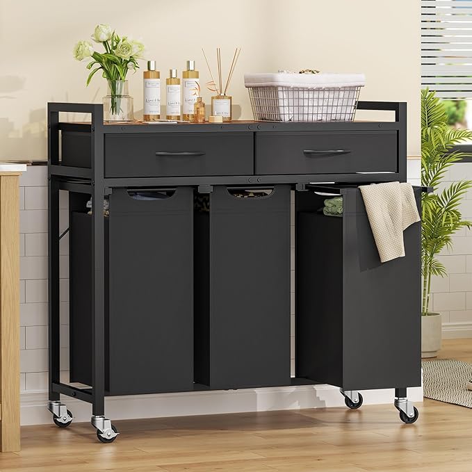 Laundry Sorter 3 Section, 120 L Laundry Hamper with 2 Drawers & 2-tone Top Panel, Rolling Laundry Basket Organizer with Pull-Out Removable Oxford Fabric Bags for Laundry Room Organization UNZYL006BVV3