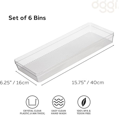 Oggi Clear Drawer Organizer - 6.25" X 15.75" (Set of 6) - Ideal for Organizing Kitchen Drawers, Office, Desk, Silverware, Kitchen Utensils, Cosmetics and Bathrooms