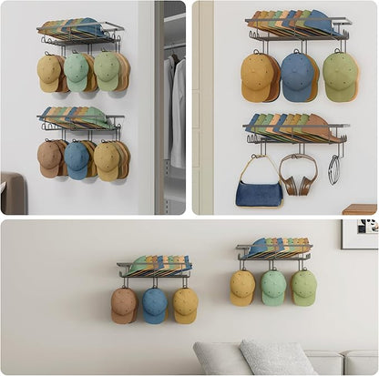 3 Packs Wall Hat Organizers with Multiple Hooks, Metal Hat Racks for Baseball Caps, Hat Storage Holders Up to 108 Caps for Closet, Entryway,Black