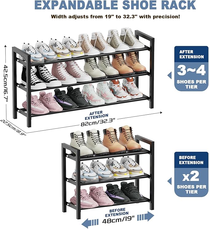Mavivegue 18-33” Expandable Shoe Rack for Closet, 3-Tier Shoe Organizer, Adjustable Shoe Rack for Front Door Entrance, Entryway