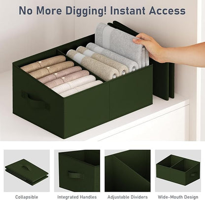 DIMJ Large Closet Shelf Organizer Bins 4 Packs with Handles and Divider, Fabric Trapezoid Storage Baskets, Foldable Clothes Containers Box for Shelf, Towel, Book, Toy, Purse, Hats, Green
