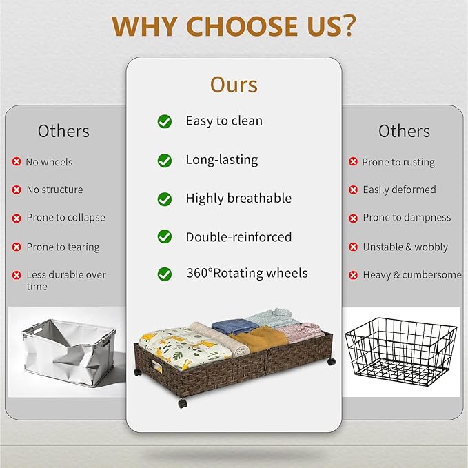 2 Pack Under Bed Storage with Wheels, 40L Large Under Bed Storage Containers with Handwoven Rattan , Rolling Underbed Organizer Bins Drawers for Clothes, Shoes, Blankets, Brown(31.5 x 15.75 x 6.3 In)